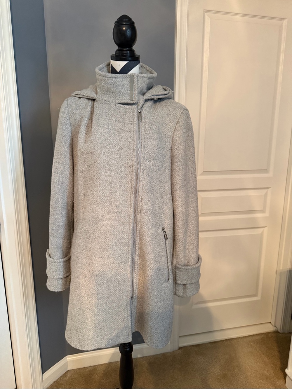 Calvin Klein Light Gray Hooded Zip-Front Wool-Blend Coat
